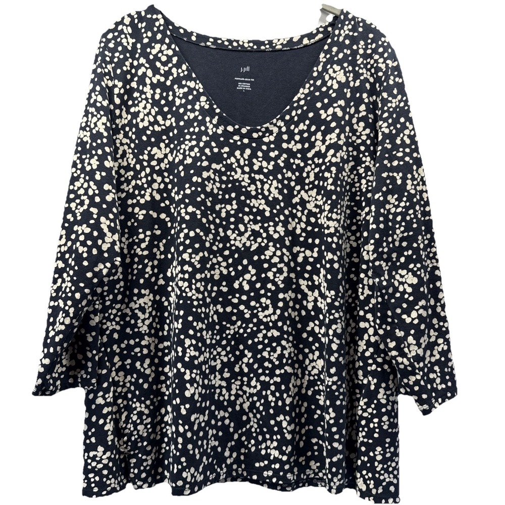 J Jill Women's Top Forward Seemed Tee‎ Large Black Ivory Dots V Neck 3/4 Sleeve